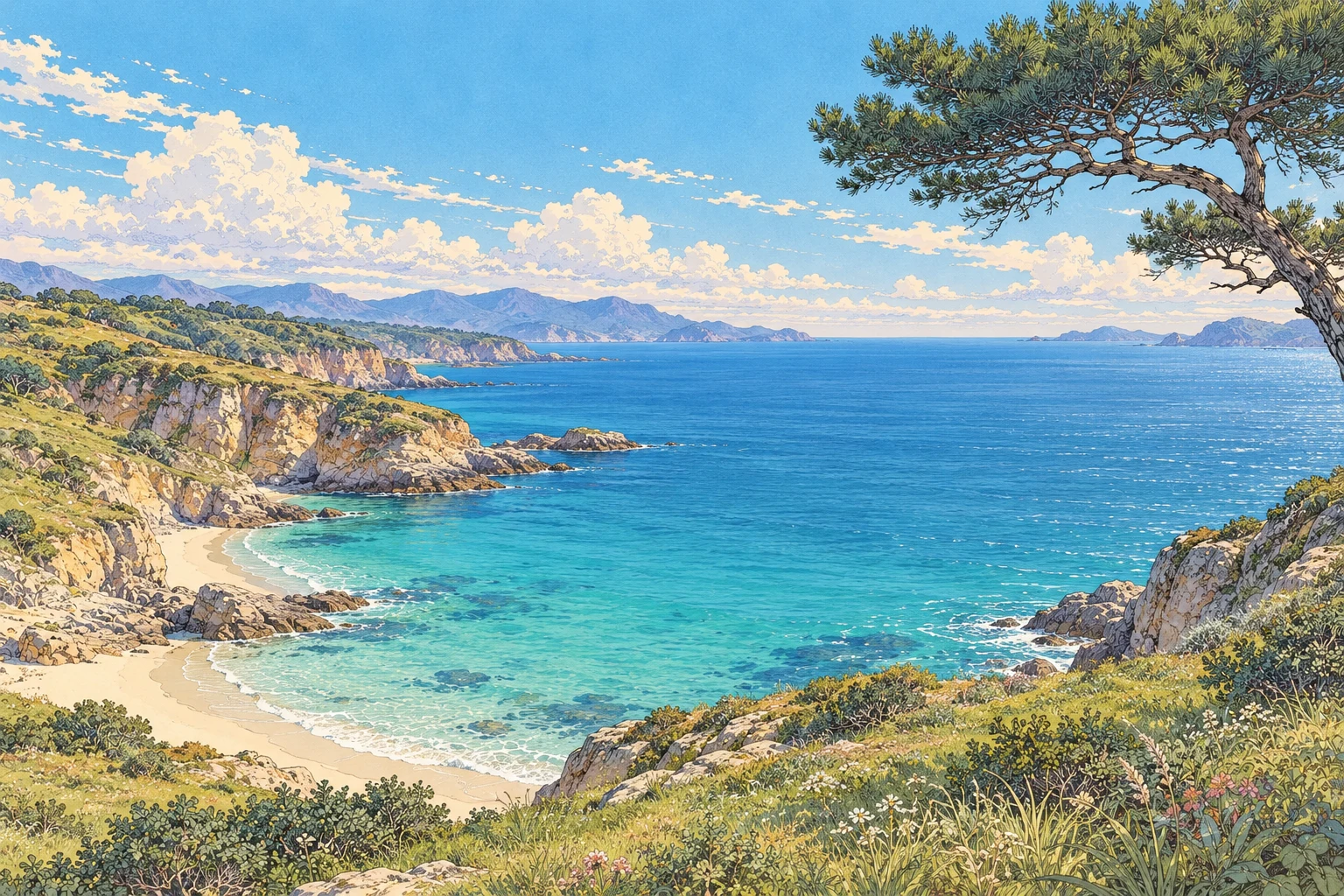 A grassy headland above a quiet sea, with distant islands on the horizon.